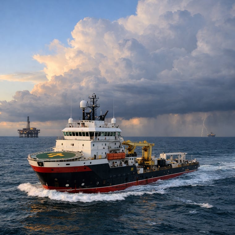 Vessel working over the North Sea with thunderstorms in the background. AI generated