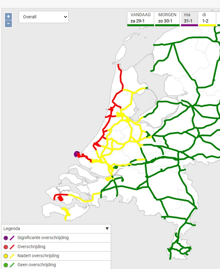 Dit is een voorbeeld van de railsite voor prorail met alle spoorlijnen en daarbij een kleuring voor wat betreft overschrijdingskansen voor de wind.